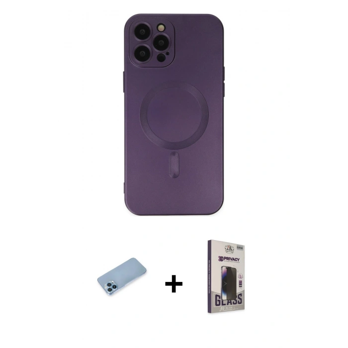 MARSİLYAN™- iPhone 12 Pro Max Kılıf Akış Minimal Özel Seri - Siyah Bilvis Hayalet Cam Ekran Koruyucu + Mavi Shine Kamera Lens Koruma Cam