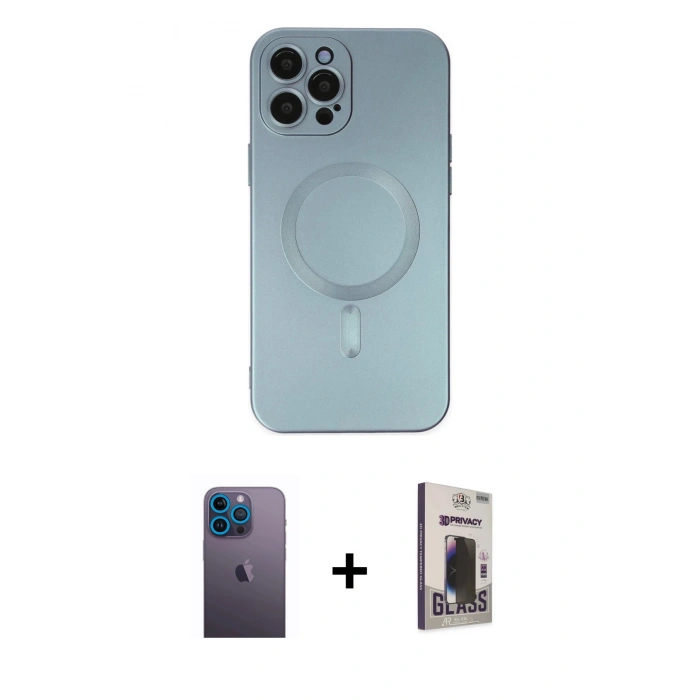MARSİLYAN™- iPhone 12 Pro Max Kılıf Akış Minimal Özel Seri - Siyah Bilvis Hayalet Cam Ekran Koruyucu + Mavi Neon Fosforlu Kamera Lens