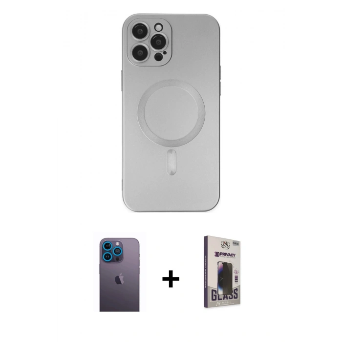MARSİLYAN™- iPhone 12 Pro Max Kılıf Akış Minimal Özel Seri - Siyah Bilvis Hayalet Cam Ekran Koruyucu + Mavi Neon Fosforlu Kamera Lens