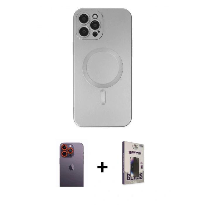 MARSİLYAN™- iPhone 12 Pro Max Kılıf Akış Minimal Özel Seri - Siyah Bilvis Hayalet Cam Ekran Koruyucu + Neon Fosforlu Kamera Lens - TU