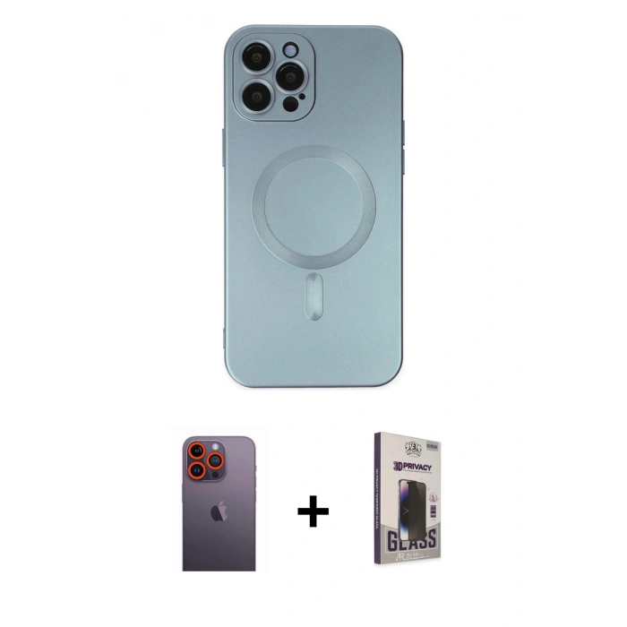 MARSİLYAN™- iPhone 12 Pro Max Kılıf Akış Minimal Özel Seri - Siyah Bilvis Hayalet Cam Ekran Koruyucu + Neon Fosforlu Kamera Lens - TU