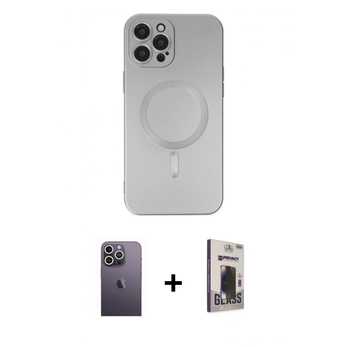 MARSİLYAN™- iPhone 12 Pro Max Kılıf Akış Minimal Özel Seri - Siyah Bilvis Hayalet Cam Ekran Koruyucu + Neon Fosforlu Kamera Lens - BZ
