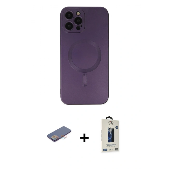 MARSİLYAN™- iPhone 12 Pro Max Kılıf Akış Minimal Özel Seri - Siyah Bilvis Hayalet Cam Ekran Koruyucu + Pembe Renkli Kamera Lens Koruma Cam