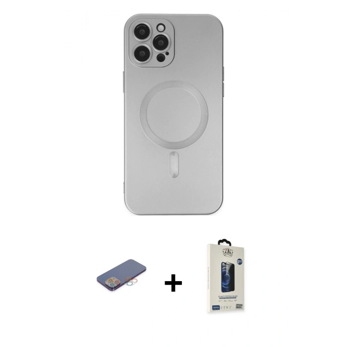 MARSİLYAN™- iPhone 12 Pro Max Kılıf Akış Minimal Özel Seri - Siyah Bilvis Hayalet Cam Ekran Koruyucu + Pembe Renkli Kamera Lens Koruma Cam