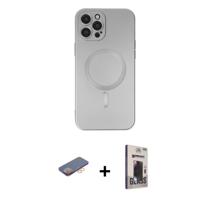 MARSİLYAN™- iPhone 12 Pro Max Kılıf Akış Minimal Özel Seri - Siyah Bilvis Hayalet Cam Ekran Koruyucu + Renkli Kamera Lens Koruma Cam - TU