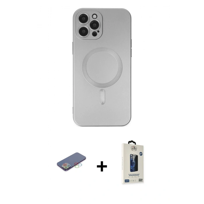 MARSİLYAN™- iPhone 12 Pro Max Kılıf Akış Minimal Özel Seri - Siyah Bilvis Hayalet Cam Ekran Koruyucu + Renkli Kamera Lens Koruma Cam - MI