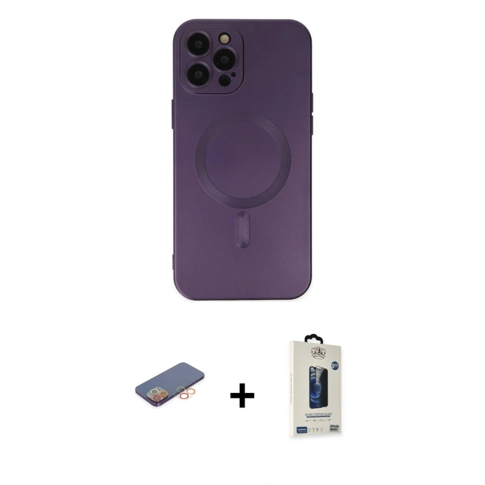 MARSİLYAN™- iPhone 12 Pro Max Kılıf Akış Minimal Özel Seri - Siyah Bilvis Hayalet Cam Ekran Koruyucu + Renkli Kamera Lens Koruma Cam - TU