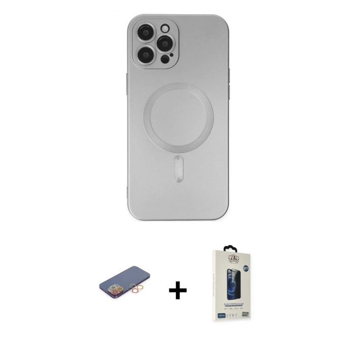 MARSİLYAN™- iPhone 12 Pro Max Kılıf Akış Minimal Özel Seri - Siyah Bilvis Hayalet Cam Ekran Koruyucu + Renkli Kamera Lens Koruma Cam - TU