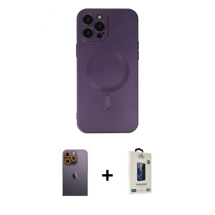 MARSİLYAN™- iPhone 12 Pro Max Kılıf Akış Minimal Özel Seri - Siyah Bilvis Hayalet Cam Ekran Koruyucu + Neon Fosforlu Kamera Lens - SI