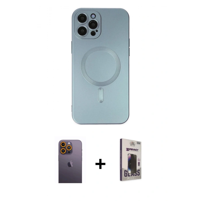 MARSİLYAN™- iPhone 12 Pro Max Kılıf Akış Minimal Özel Seri - Siyah Bilvis Hayalet Cam Ekran Koruyucu + Neon Fosforlu Kamera Lens - SI