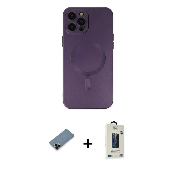 MARSİLYAN™- iPhone 12 Pro Max Kılıf Akış Minimal Özel Seri - Siyah Bilvis Hayalet Cam Ekran Koruyucu + Shine Kamera Lens Koruma Cam - SH