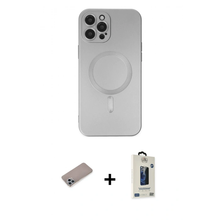 MARSİLYAN™- iPhone 12 Pro Max Kılıf Akış Minimal Özel Seri - Siyah Bilvis Hayalet Cam Ekran Koruyucu + Shine Kamera Lens Koruma Cam - SABE