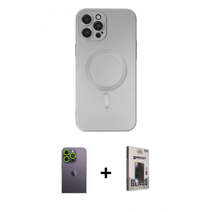 MARSİLYAN™- iPhone 12 Pro Max Kılıf Akış Minimal Özel Seri - Siyah Bilvis Hayalet Cam Ekran Koruyucu + Neon Fosforlu Kamera Lens - YL