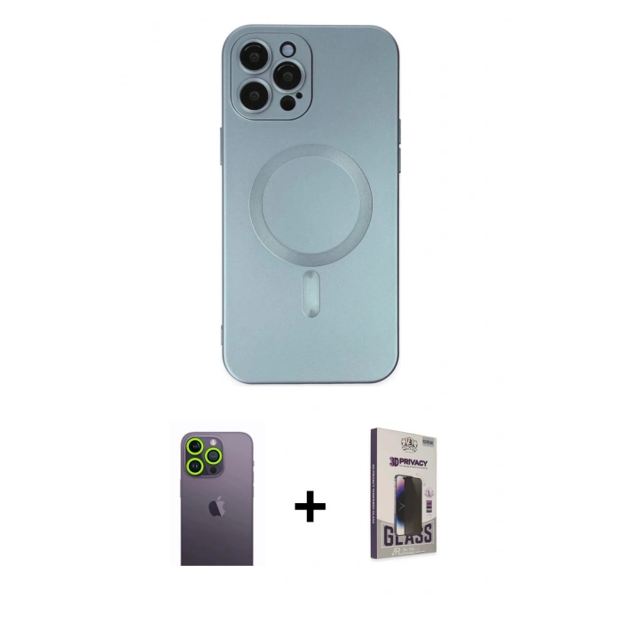 MARSİLYAN™- iPhone 12 Pro Max Kılıf Akış Minimal Özel Seri - Siyah Bilvis Hayalet Cam Ekran Koruyucu + Neon Fosforlu Kamera Lens - YL