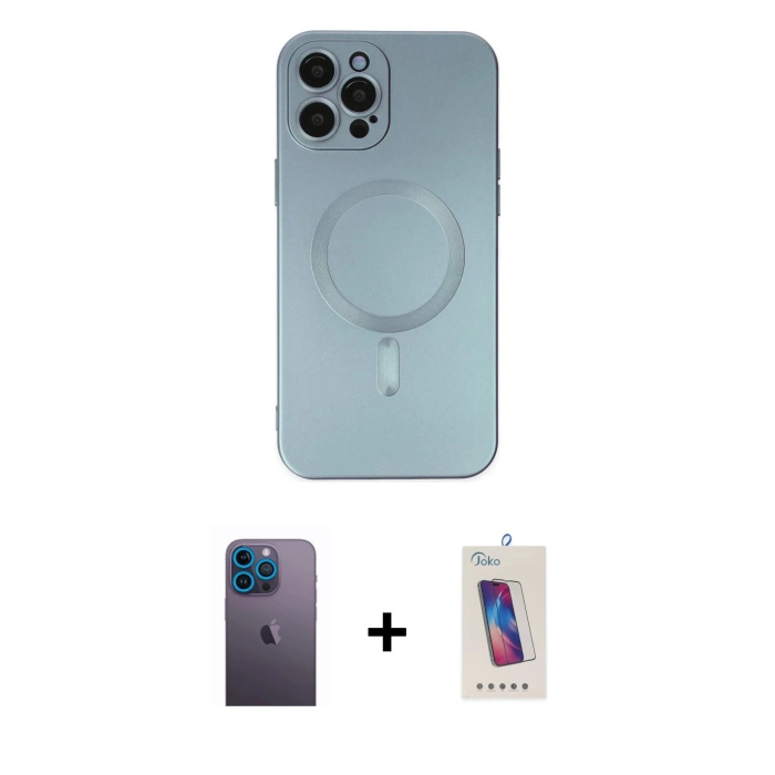 MARSİLYAN™- iPhone 12 Pro Max Kılıf Akış Minimal Özel Seri - Siyah Joko 5D Cam + Mavi Neon Fosforlu Kamera Lens