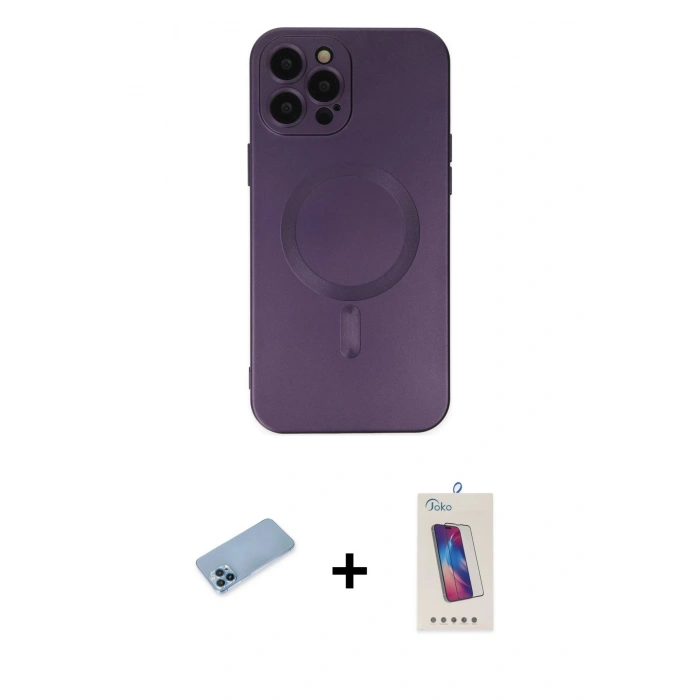 MARSİLYAN™- iPhone 12 Pro Max Kılıf Akış Minimal Özel Seri - Siyah Joko 5D Cam + Mavi Shine Kamera Lens Koruma Cam