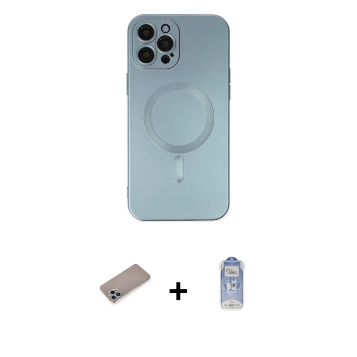 MARSİLYAN™- iPhone 12 Pro Max Kılıf Akış Minimal Özel Seri - Siyah Joko Magic 5D Cam + Sierra Blue Shine Kamera Lens Koruma Cam