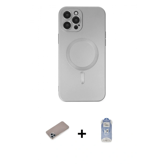 MARSİLYAN™- iPhone 12 Pro Max Kılıf Akış Minimal Özel Seri - Siyah Joko Magic 5D Cam + Sierra Blue Shine Kamera Lens Koruma Cam