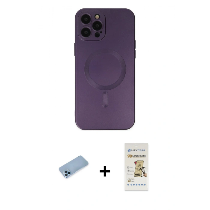 MARSİLYAN™- iPhone 12 Pro Max Kılıf Akış Minimal Özel Seri - Siyah Mat Seramik Nano Ekran Koruyucu + Shine Kamera Lens Koruma Cam - MI