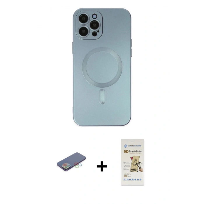 MARSİLYAN™- iPhone 12 Pro Max Kılıf Akış Minimal Özel Seri - Siyah Mat Seramik Nano Ekran Koruyucu + Mavi Renkli Kamera Lens Koruma Cam