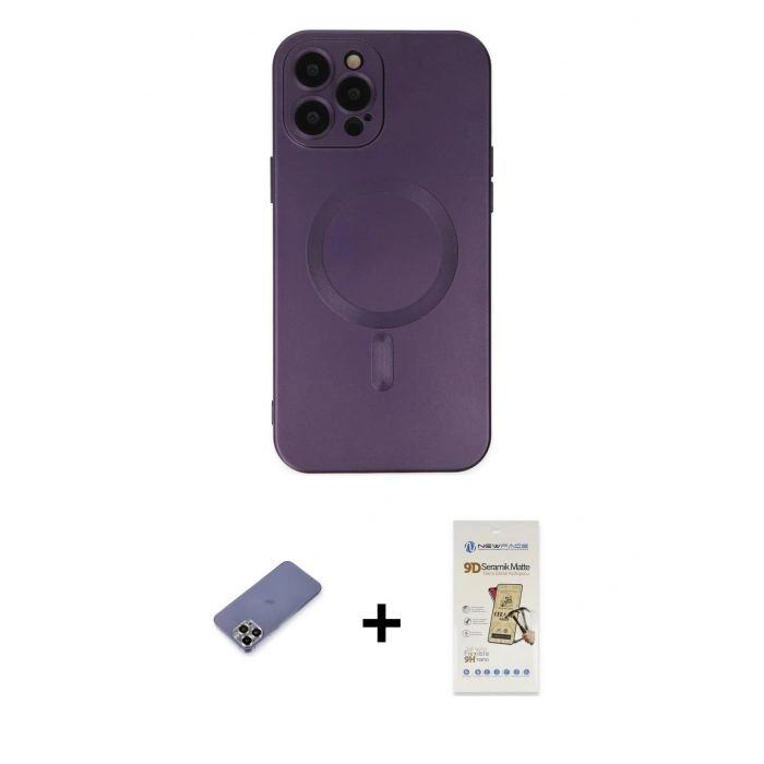 MARSİLYAN™- iPhone 12 Pro Max Kılıf Akış Minimal Özel Seri - Siyah Mat Seramik Nano Ekran Koruyucu + Metal Kamera Lens Koruma Cam - GD