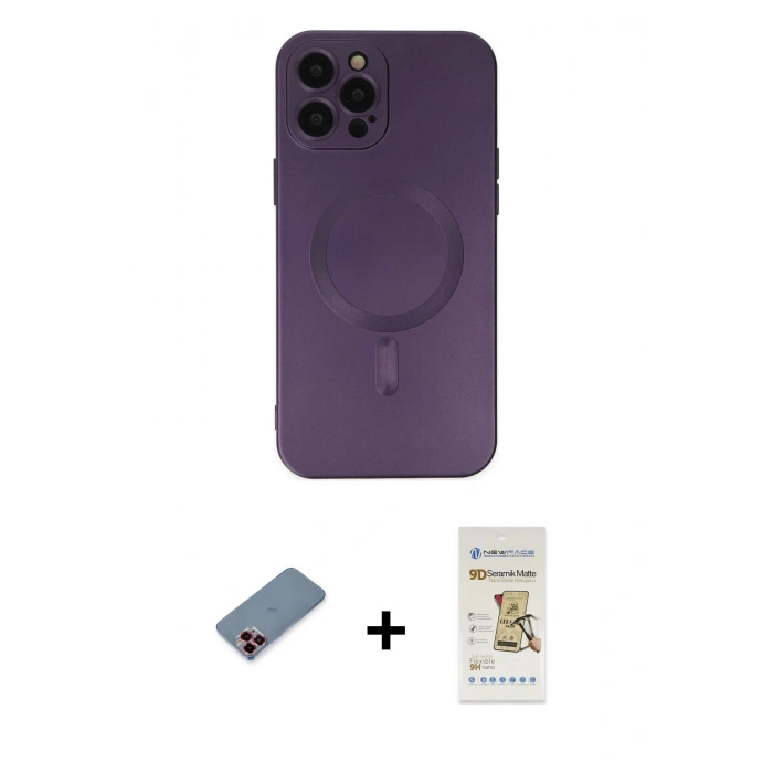 MARSİLYAN™- iPhone 12 Pro Max Kılıf Akış Minimal Özel Seri - Siyah Mat Seramik Nano Ekran Koruyucu + Metal Kamera Lens Koruma Cam - KI