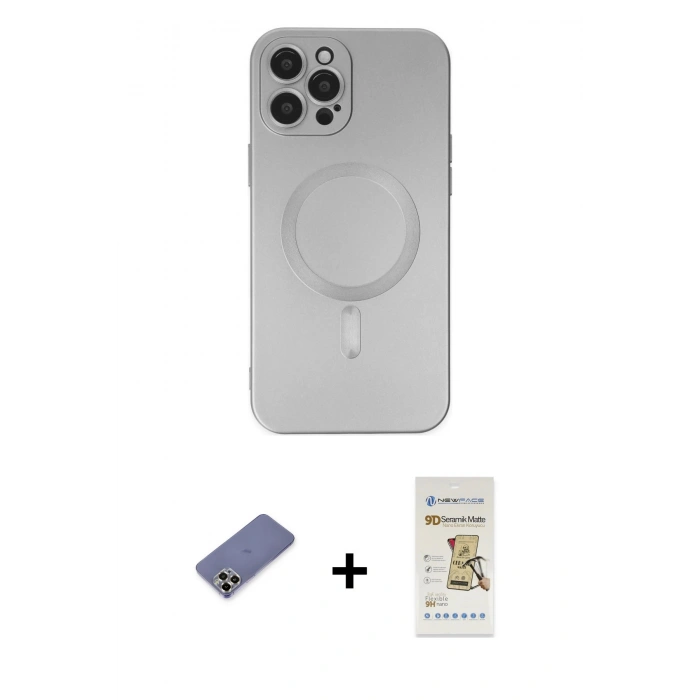 MARSİLYAN™- iPhone 12 Pro Max Kılıf Akış Minimal Özel Seri - Siyah Mat Seramik Nano Ekran Koruyucu + Metal Kamera Lens Koruma Cam - GD