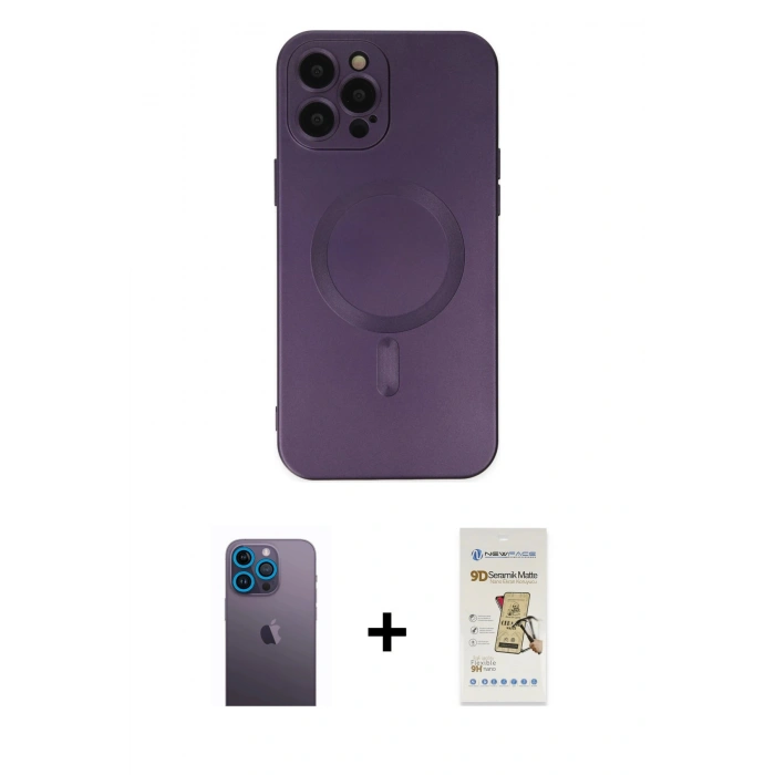 MARSİLYAN™- iPhone 12 Pro Max Kılıf Akış Minimal Özel Seri - Siyah Mat Seramik Nano Ekran Koruyucu + Neon Fosforlu Kamera Lens - MI