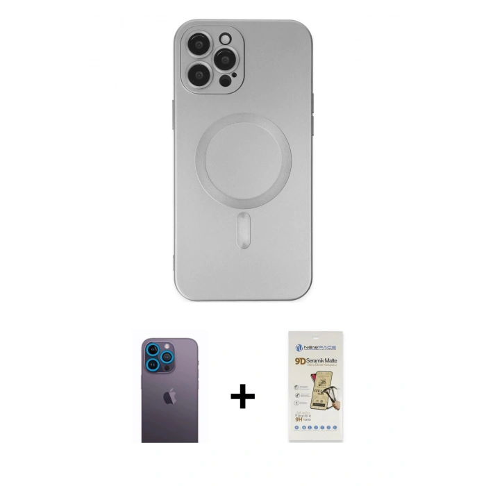 MARSİLYAN™- iPhone 12 Pro Max Kılıf Akış Minimal Özel Seri - Siyah Mat Seramik Nano Ekran Koruyucu + Neon Fosforlu Kamera Lens - MI