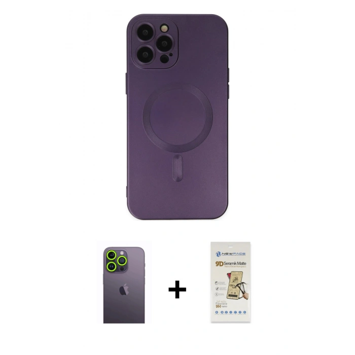 MARSİLYAN™- iPhone 12 Pro Max Kılıf Akış Minimal Özel Seri - Siyah Mat Seramik Nano Ekran Koruyucu + Neon Fosforlu Kamera Lens - YL