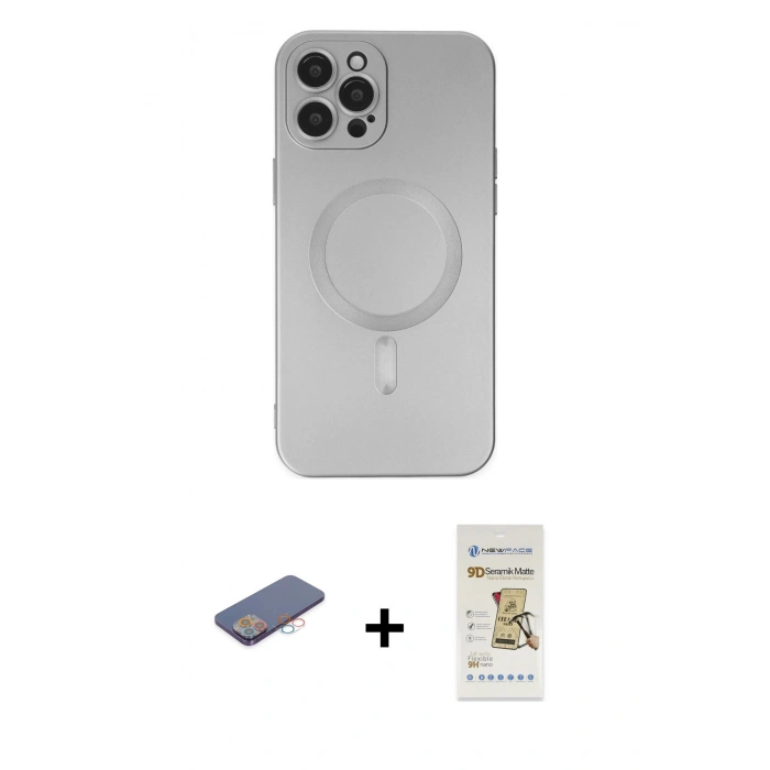 MARSİLYAN™- iPhone 12 Pro Max Kılıf Akış Minimal Özel Seri - Siyah Mat Seramik Nano Ekran Koruyucu + Renkli Kamera Lens Koruma Cam - PE