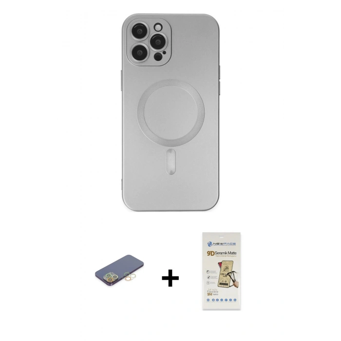 MARSİLYAN™- iPhone 12 Pro Max Kılıf Akış Minimal Özel Seri - Siyah Mat Seramik Nano Ekran Koruyucu + Renkli Kamera Lens Koruma Cam - SI