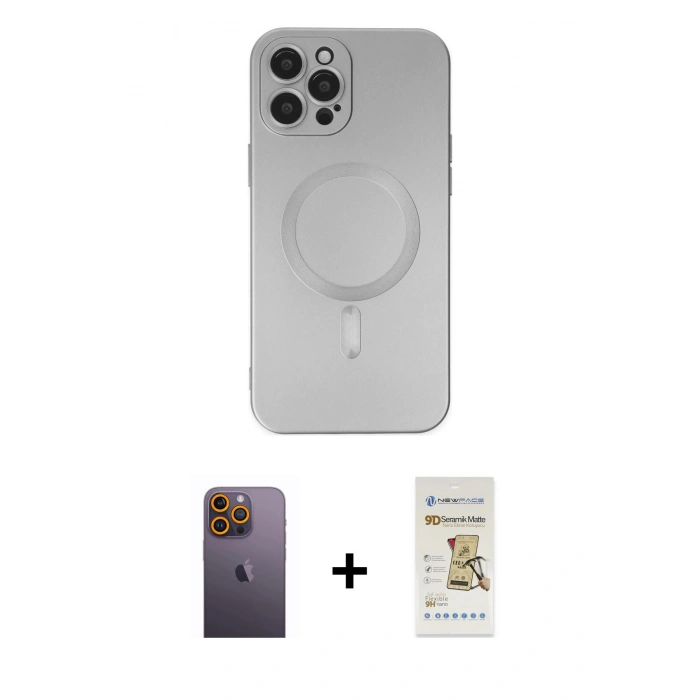 MARSİLYAN™- iPhone 12 Pro Max Kılıf Akış Minimal Özel Seri - Siyah Mat Seramik Nano Ekran Koruyucu + Neon Fosforlu Kamera Lens - SI