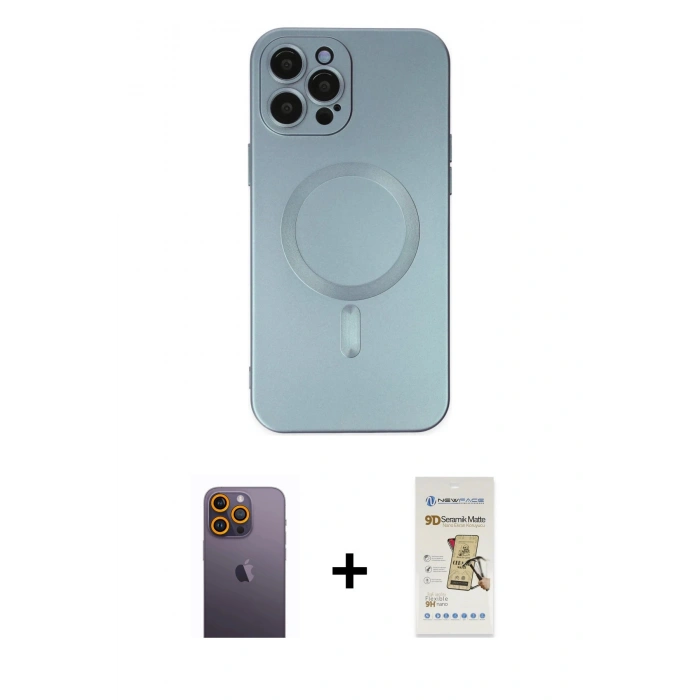 MARSİLYAN™- iPhone 12 Pro Max Kılıf Akış Minimal Özel Seri - Siyah Mat Seramik Nano Ekran Koruyucu + Neon Fosforlu Kamera Lens - SI