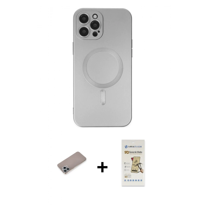 MARSİLYAN™- iPhone 12 Pro Max Kılıf Akış Minimal Özel Seri - Siyah Mat Seramik Nano Ekran Koruyucu + Shine Kamera Lens Koruma Cam - SABE