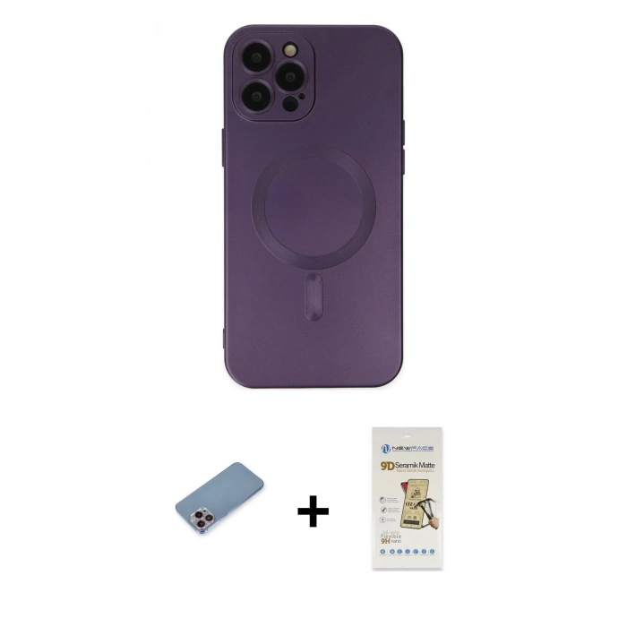 MARSİLYAN™- iPhone 12 Pro Max Kılıf Akış Minimal Özel Seri - Siyah Mat Seramik Nano Ekran Koruyucu + Shine Kamera Lens Koruma Cam - PE