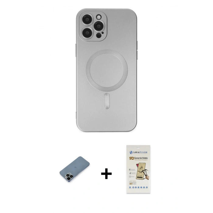 MARSİLYAN™- iPhone 12 Pro Max Kılıf Akış Minimal Özel Seri - Siyah Mat Seramik Nano Ekran Koruyucu + Shine Kamera Lens Koruma Cam - SH