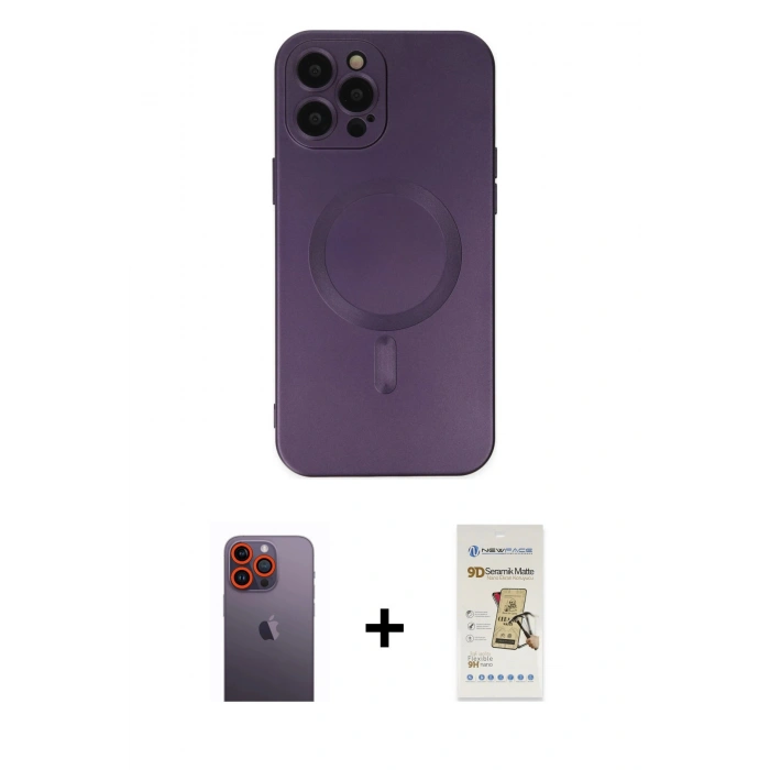 MARSİLYAN™- iPhone 12 Pro Max Kılıf Akış Minimal Özel Seri - Siyah Mat Seramik Nano Ekran Koruyucu + Turuncu Neon Fosforlu Kamera Lens