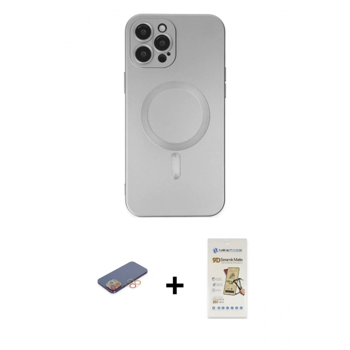 MARSİLYAN™- iPhone 12 Pro Max Kılıf Akış Minimal Özel Seri - Siyah Mat Seramik Nano Ekran Koruyucu + Turuncu Renkli Kamera Lens Koruma Cam