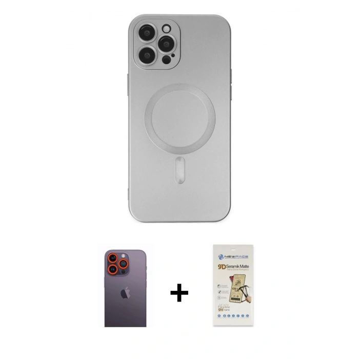MARSİLYAN™- iPhone 12 Pro Max Kılıf Akış Minimal Özel Seri - Siyah Mat Seramik Nano Ekran Koruyucu + Turuncu Neon Fosforlu Kamera Lens