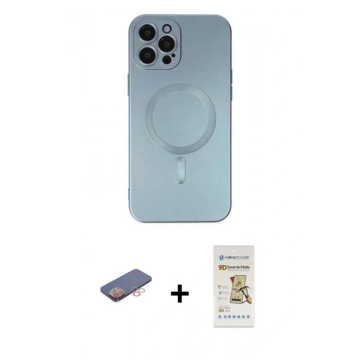 MARSİLYAN™- iPhone 12 Pro Max Kılıf Akış Minimal Özel Seri - Siyah Mat Seramik Nano Ekran Koruyucu + Turuncu Renkli Kamera Lens Koruma Cam