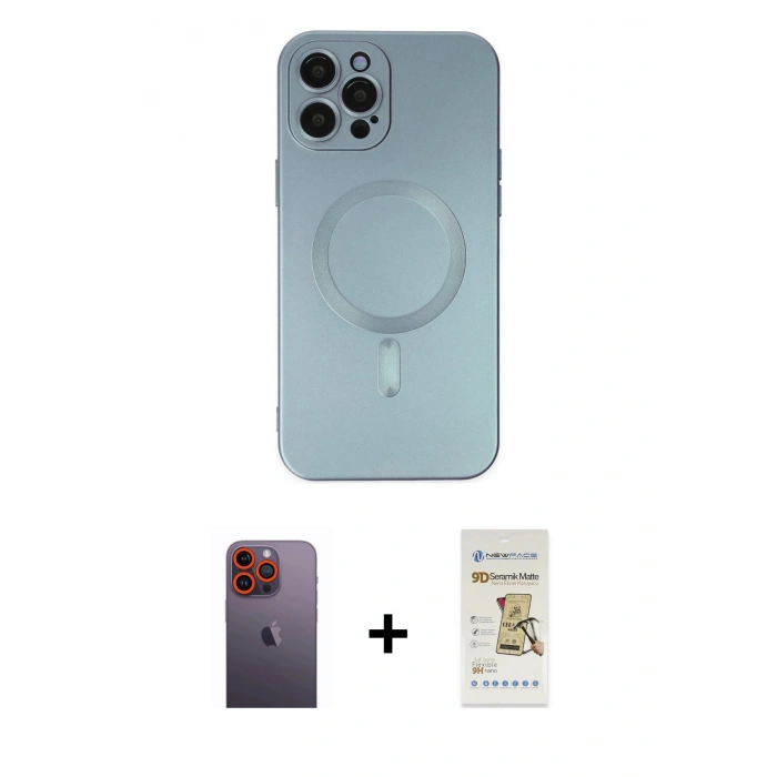 MARSİLYAN™- iPhone 12 Pro Max Kılıf Akış Minimal Özel Seri - Siyah Mat Seramik Nano Ekran Koruyucu + Turuncu Neon Fosforlu Kamera Lens
