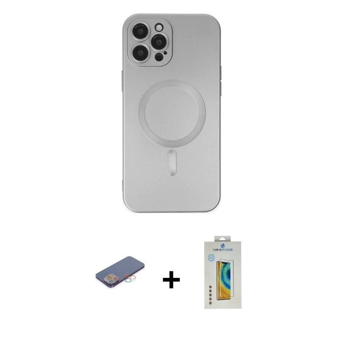 MARSİLYAN™- iPhone 12 Pro Max Kılıf Akış Minimal Özel Seri - Siyah Polymer Nano Ekran Koruyucu + Renkli Kamera Lens Koruma Cam - PE