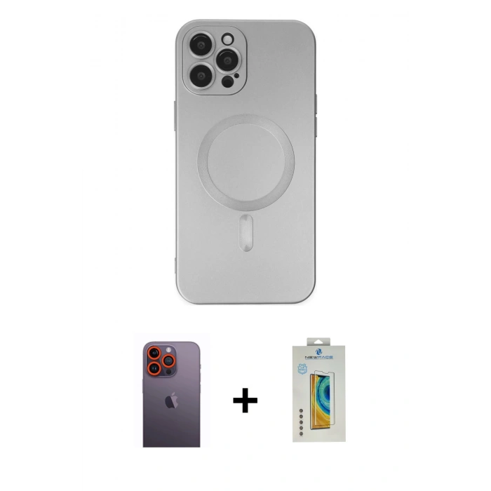 MARSİLYAN™- iPhone 12 Pro Max Kılıf Akış Minimal Özel Seri - Siyah Polymer Nano Ekran Koruyucu + Turuncu Neon Fosforlu Kamera Lens