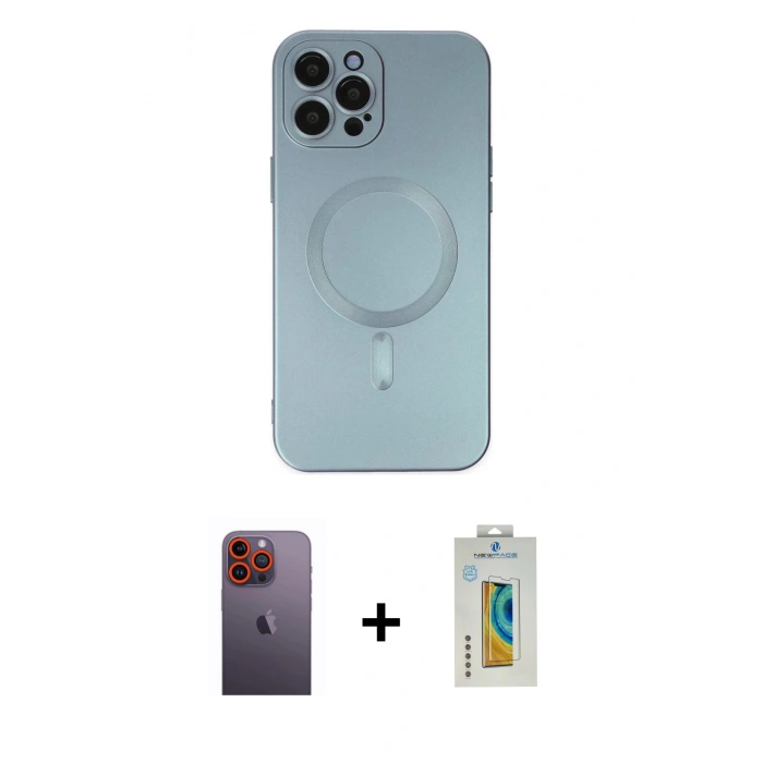 MARSİLYAN™- iPhone 12 Pro Max Kılıf Akış Minimal Özel Seri - Siyah Polymer Nano Ekran Koruyucu + Turuncu Neon Fosforlu Kamera Lens