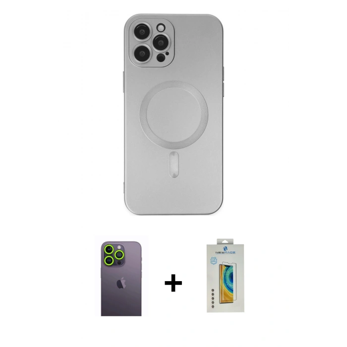 MARSİLYAN™- iPhone 12 Pro Max Kılıf Akış Minimal Özel Seri - Siyah Polymer Nano Ekran Koruyucu + Yeşil Neon Fosforlu Kamera Lens