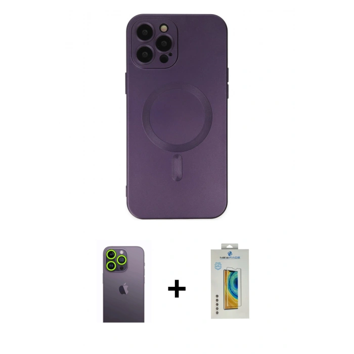 MARSİLYAN™- iPhone 12 Pro Max Kılıf Akış Minimal Özel Seri - Siyah Polymer Nano Ekran Koruyucu + Yeşil Neon Fosforlu Kamera Lens