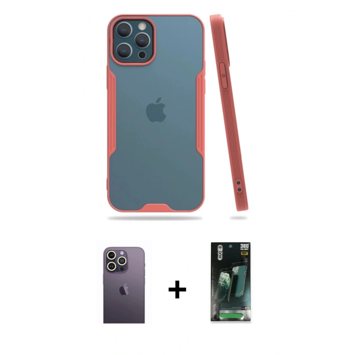 MARSİLYAN™- iPhone 12 Pro Max Kılıf Atlas Asil Serisi - Şeffaf 360 Full Body Arka Koruyucu + Neon Fosforlu Kamera Lens - BZ