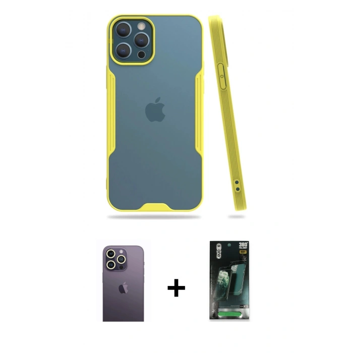 MARSİLYAN™- iPhone 12 Pro Max Kılıf Atlas Asil Serisi - Şeffaf 360 Full Body Arka Koruyucu + Neon Fosforlu Kamera Lens - BZ