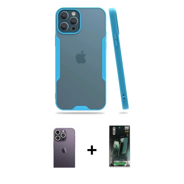 MARSİLYAN™- iPhone 12 Pro Max Kılıf Atlas Asil Serisi - Şeffaf 360 Full Body Arka Koruyucu + Neon Fosforlu Kamera Lens - BZ